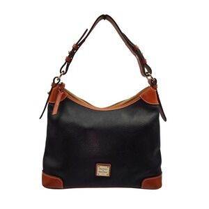 Dooney &‎ Bourke Black Pebbled Leather Brown Trim Hobo Shoulder Bag Purse